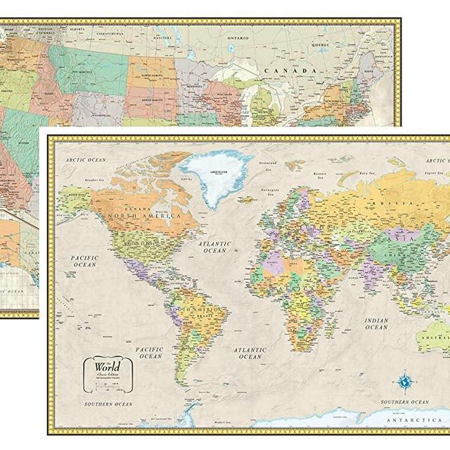 RMC 32" x 50" Classic United States USA and World Wall Map Set (Classic Edition)