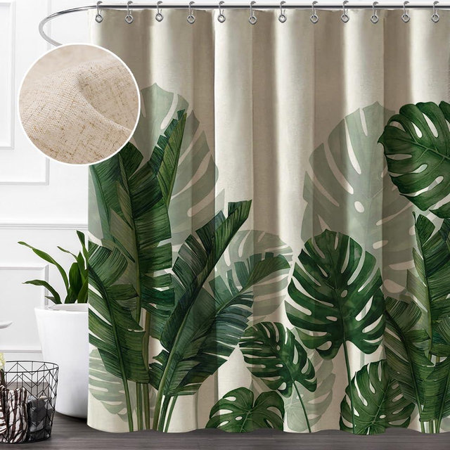 Baccessor Linen Shower Curtain Tropical Green Leaf Shower Curtains Botanical Banana Monstera Leaf Palm Tree Water Repellent Heavy Duty Fabric Cloth Shower Curtain for Bathtubs Hotel, 72x72 Inch
