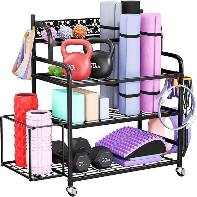 Home Gym Storage Rack, Yoga Mat Storage Rack Yoga Mat Holder, VOPEAK Gym Rack Organizer Workout Storage for Dumbbells Yoga Mats Foam Rollers Kettlebells, Gym Equipment Storage Rack with Hooks (Metal)