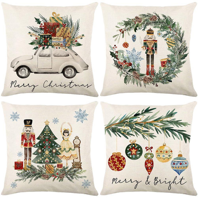 Hofomca Christmas Throw Pillow Covers 18x18 Set of 4,Merry Christmas Tree Vintage Car Nutcracker Bauble Wreath Beige Xmas Winter Holiday Decorative Pillowcase Farmhouse Home Decor for Sofa Couch