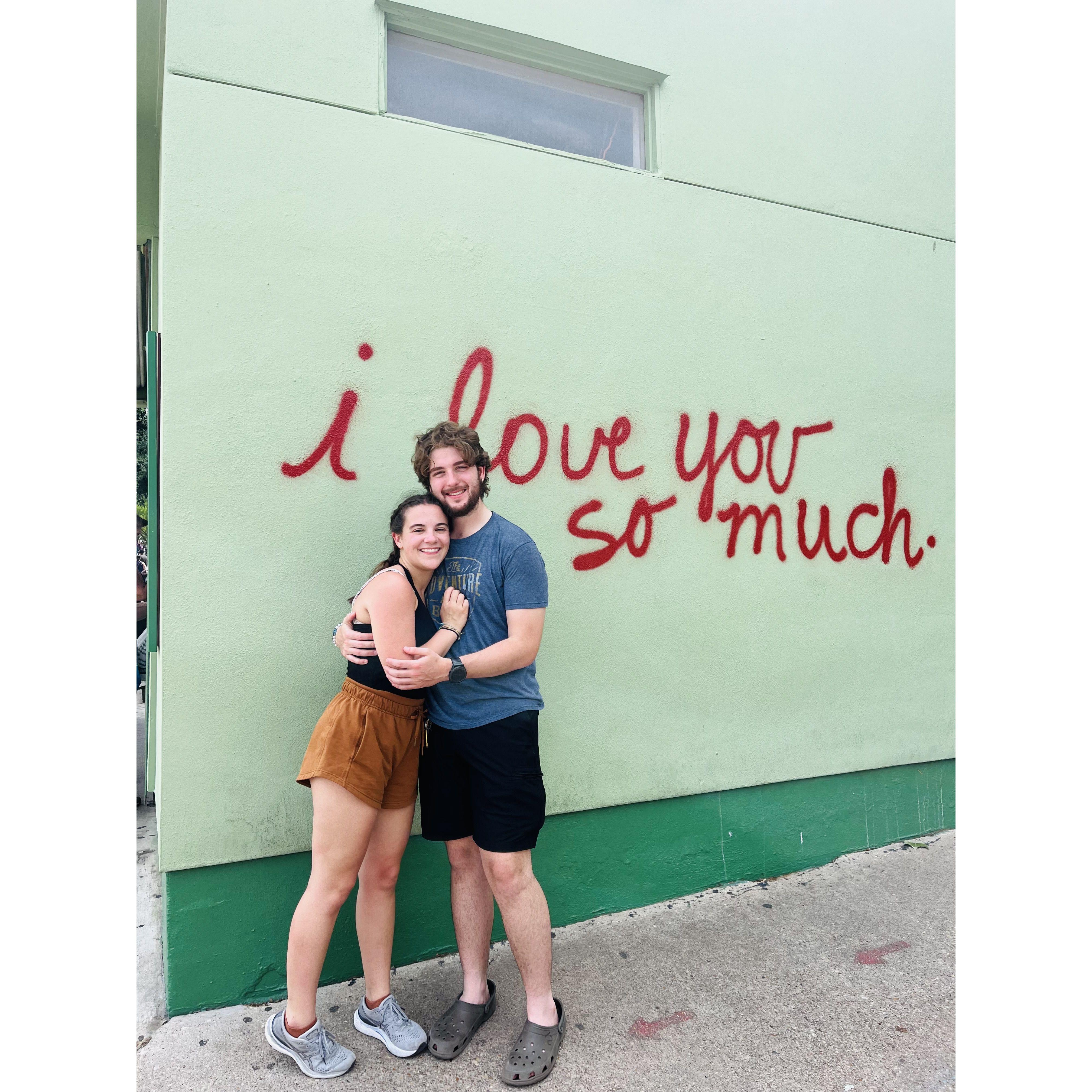 One of our favorite things to do together is take day trips around Texas. We're visiting Austin in this picture!