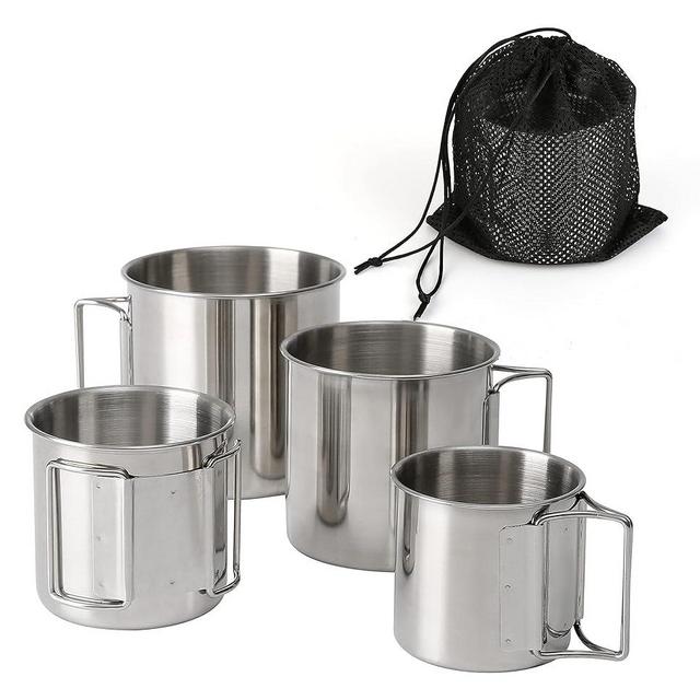 Wulisan Stackable Camping Mug Stainless Steel Portable Cups with Folding Handle & Mesh Bag for Touring Trips Outdoor Camping Campfire Hiking Picnic 4 Piece Set 7.44oz, 11.16oz, 16.9oz, 22.3oz