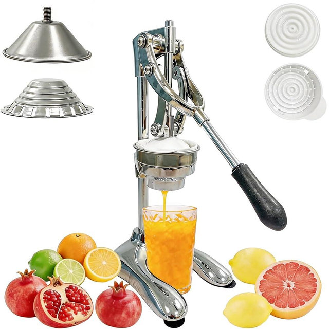 2IN1 Cast Aluminum Manual Citrus Juicer Hand Press,Upgraded of Iron,Funnel Cone in 304 Stainless Steel,H 17.72inch,Orange Lemon Pomegranate Squeezer Machine Heavy Duty,Electroplate Surface(Silver)