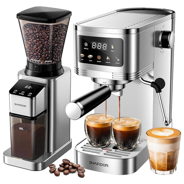 SHARDOR Espresso Machine with Grinder Bundle — Separate Conical Burr Coffee Grinder with 48 Adjustable Grind Settings, 20-Bar Espresso Machine with Steam Wand for Home Barista