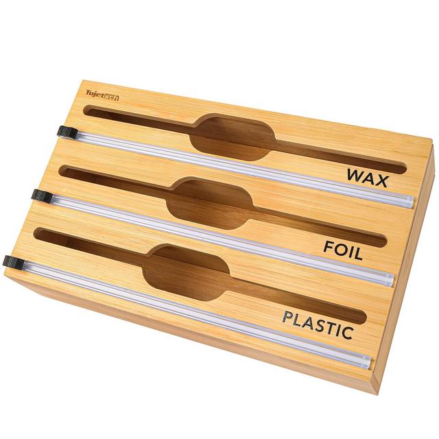3 in 1 Wrap Dispenser with Cutter and Labels, Plastic Wrap, Aluminum Foil and Wax Paper Dispenser for Kitchen Drawer, Bamboo Roll Organizer Holder, Compatible with 12" Roll…