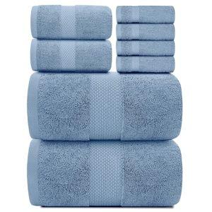 Light Blue Classic Luxury Bath Towel Set of 8 Pieces - 100% Turkish Cotton Highly Absorbent Towels for Bathroom, 2 Luxury Bath Towels 700GSM, 2 Hand Towels, 4 Washcloths, Light Blue