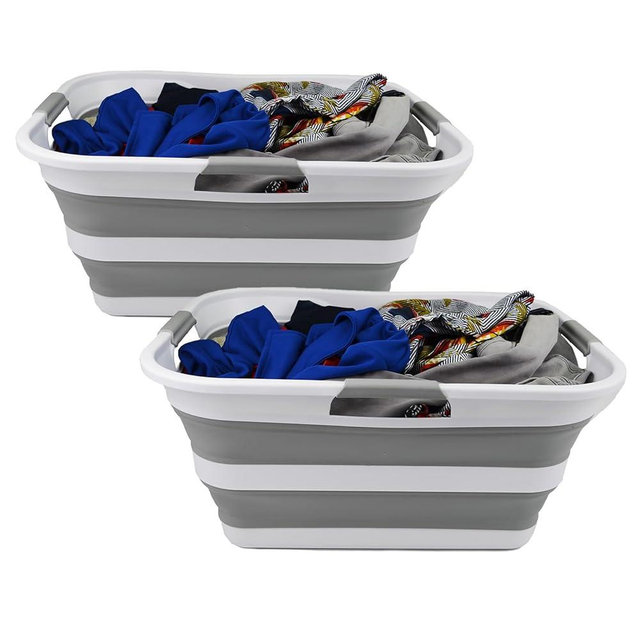 SAMMART 42 (11 Gallons) Collapsible Plastic Laundry Basket, Foldable Pop Up Storage Container/Organizer, Space Saving Hamper, Portable Bin for Dorm Room Bathroom (2, White/Grey)