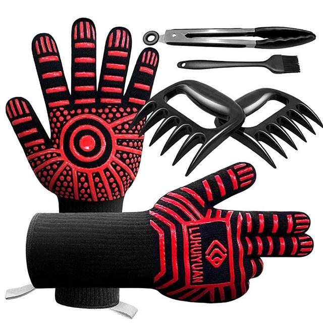 LUHUIYUAN BBQ Gloves 1472°F Extreme Heat Resistant, 4 in 1 Grill Accessories with EN420/407 Certified Oven Mitts, 9" Grilling Tong, Grill Brush & BBQ Bear Claws for Men, Grill, Baking, Cooking,Welding