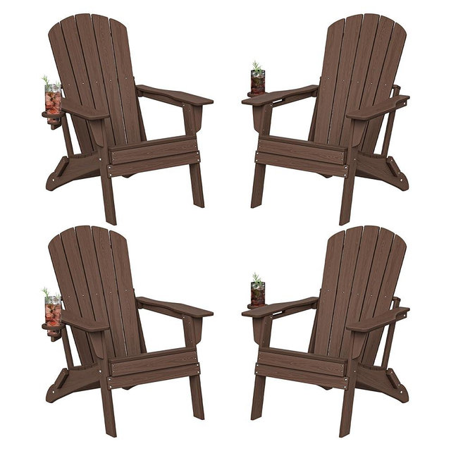 Plawdlik Folding Adirondack Chair Set of 4, Cup Holder，Wooden Textured ，Heavy All-Weather HDPE Comfortable Set Poolside Backyard Lawn Coffee