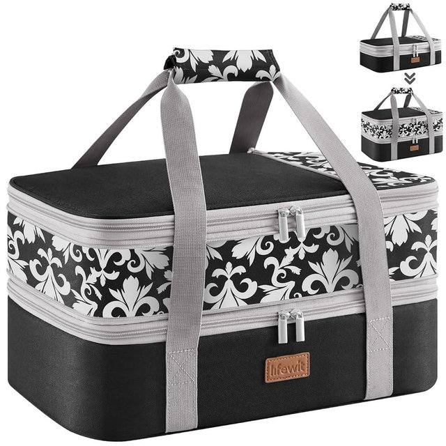 Lifewit Insulated Double Decker Casserole Carrier, Expandable Lasagna Lugger Tote Bag for Hot or Cold Food, Fits 9" x 13" Baking Dish for Potluck Parties, Picnic and Cookouts, Black-Flowers