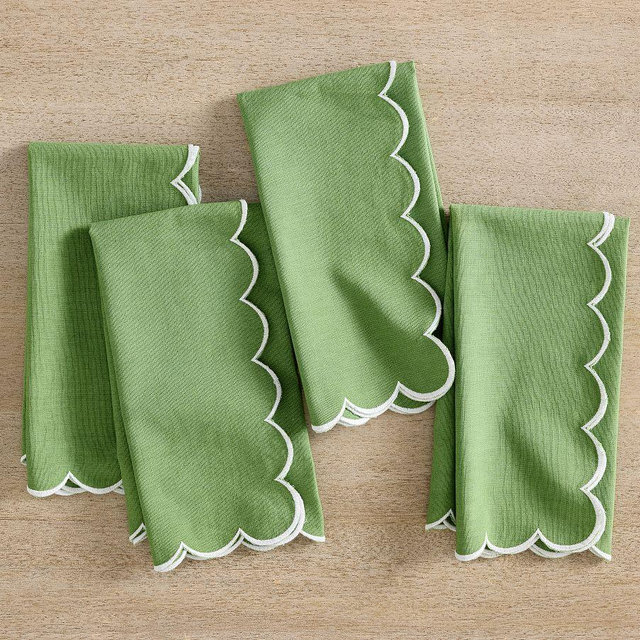 Scallop Border Cotton/Linen Napkins, Set of 4 - Green/White
