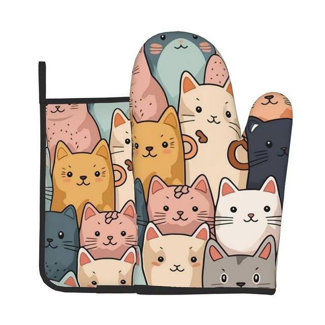 Cartoon Cat Oven Mitts and Pot Holders Set Kitchen Cooking Gloves Heat Resistant Pad for Baking BBQ Home Decor