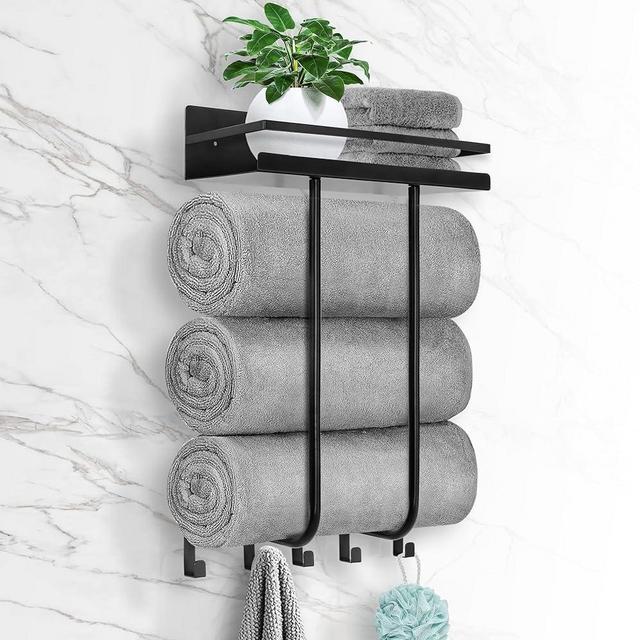 SUNZOS Towel Racks for Bathroom, Towel Rack Wall Mounted with Metal Shelf and 5 Hooks for Small Bathroom, Towel Holder for Bathroom, Bath Towel Storage for Rolled Towels Organizer, Black