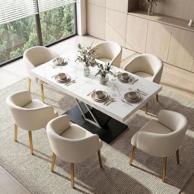 COSIEST 59'' to 78.7'' Extendable Dining Table for 4-8, Faux Marble Expandable Kitchen Table with Sturdy Metal Base, Rectangle Dinner Table for Small Space, Dining Room, Living Room, White