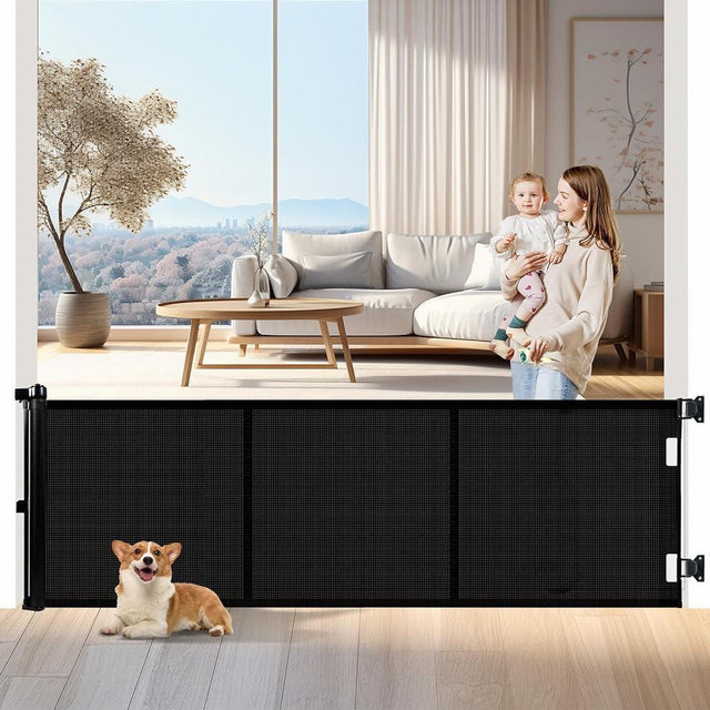 Miumoon Upgrade 200 inch Retractable Baby Gates Extra Wide with Reinforced Strip Design to Prevent Crawling Through, 200" Retractable Dog Gate, 34" Tall, Retractable Gate for Indoor/Outdoor(Black)