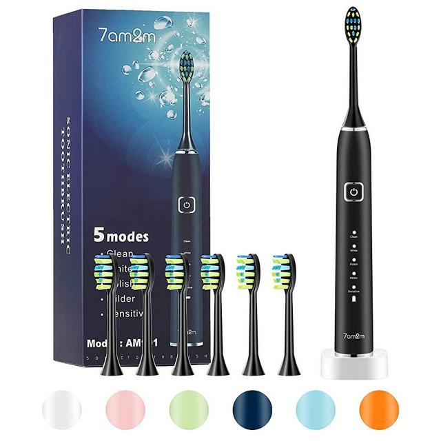 7AM2M Sonic Electric Toothbrush with 6 Brush Heads for Adults Kids, One Charge for 100 Days,Wireless Fast Charge, 5 Modes with 2 Minutes Build in Smart Timer,Electric Toothbrushes(Midnight Black)