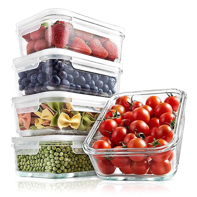 Superior Glass Food Storage Containers - 10 Piece Stackable Glass Meal-prep Containers -Newly Innovated Hinged BPA-Free 100% Leakproof Locking Lids w/ Air Hole - Freezer-to-Oven-Safe -NutriChef NCCLX5