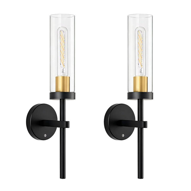 Shenmoyl Battery Operated Wall Sconces Set of 2, Black & Gold Rechargeable Wall Lighting Fixtures, Dimmable Wall Lights with Remote & Clear Glass Shade for Living Room, Bathroom,Bedroom