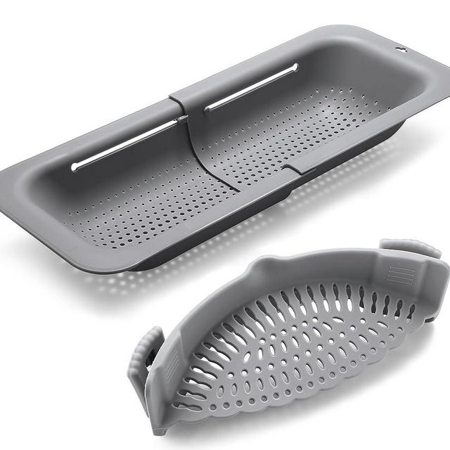Adjustable Over the Sink Colander Strainer, Silicone Clip On Strainer for Pots Strainers and Colanders Plastic Drainer Basket for Food Pasta Vegetables Kitchen, Extendable 14.5"-19.5", Grey