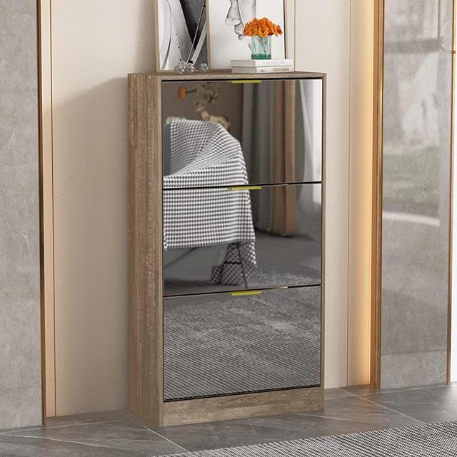 ECACAD Modern Shoe Storage Cabinet with 3 Drawers & Mirror, Wood 3-Tier Shoe Rack Organizer for Entryway, Bedroom & Hallway, Brown (22.4”W x 9.6”D x 42.1”H)