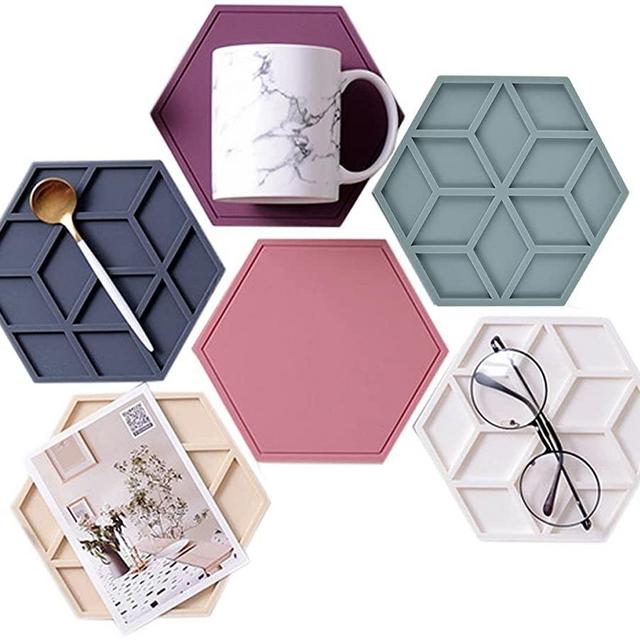 ChezMax Silicone Trivets 6 PCS Tablemat Sets Heat Resistant Non-slip Placemats Hollow Geometric Pot Holders & Coaster Kitchen Hot Pads Hot Dishes Drying Mat Tool for Hotpot