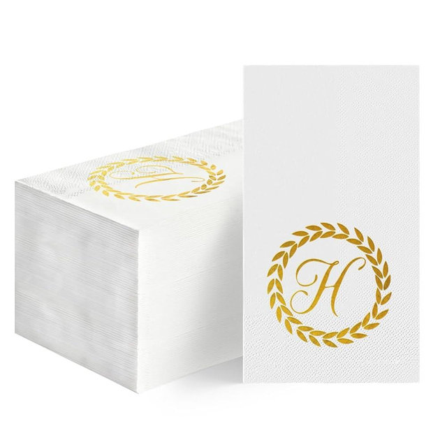 Horaldaily 100 Monogrammed Disposable Paper Decorative Guest Napkins, Gold Foil Letter H Hand Towel for Wedding Engagement Baby Shower Party