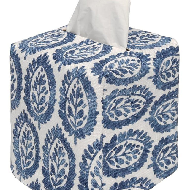 Fabric Tissue Box Cover, Tissue Holder Slipcover, Slips Over Square Cube Cardboard Facial Tissue Boxes -Decorative Blue Blockprint Cotton Fabric, Made in USA