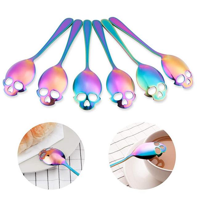 FOXAS Skull Spoons, Skull Sugar Spoons,Skull Tea Spoons,Skull Coffee Spoons, Set of 6 Colorful 304 Stainless Steel (18/10 Chromium Nickel)