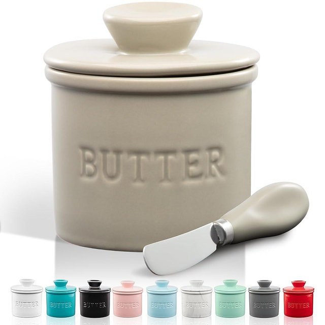 Zulay Kitchen Butter Crock With Lid & Spreader Knife for Countertop - Ceramic French Butter Dish Keeper For Fresh & Spreadable Butter - Stone Gray