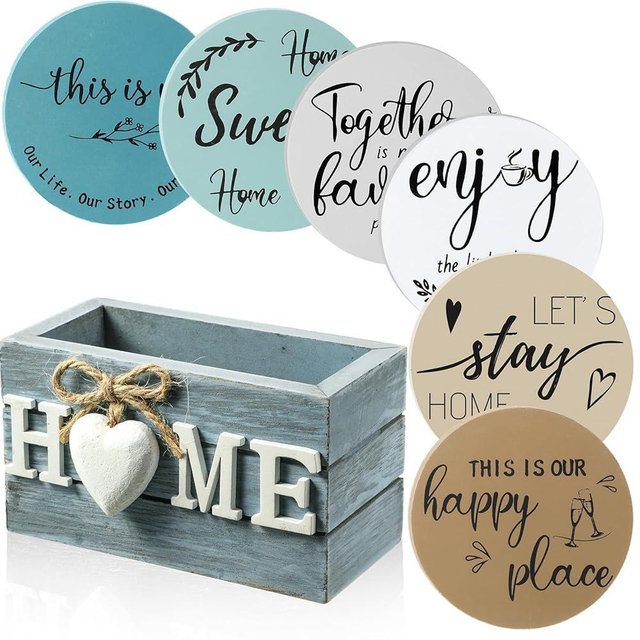 Queekay Housewarming Gifts for Home Decoration Wooden Heart Coasters for Drinks 6 Set Farmhouse Coasters with Holder Funny for Family Coffee Table Protection, 4''(Ocean)