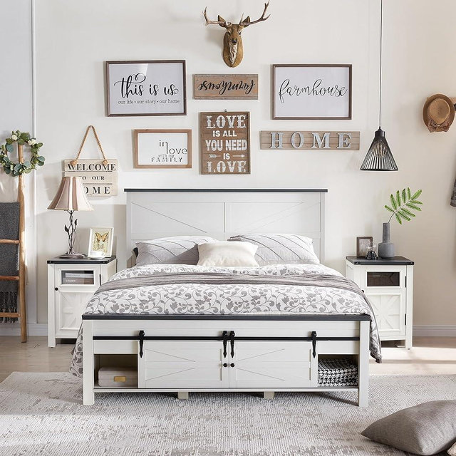 JXQTLINGMU Farmhouse Wood Bed Frame Queen Size with Sliding Barn Door Storage Cabinets and Headboard, Solid Wood Slats Support, Noiseless, No Box Spring Needed, Antique White