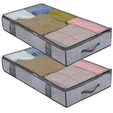 Onlyeasy Foldable Underbed Bags - 2 Pack Blankets Clothes Comforters Storage Bag Breathable Zippered Organizer for Bedroom with Clear Window and 4 Handles, 39.4x19.7x5.9 in, Linen-Like Grey, MXDUBBP2