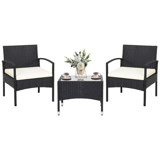 Tangkula 3PCS Wicker Rattan Furniture Patio Coffee Table Chair w/ Washable Cushion
