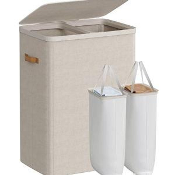 SONGMICS Laundry Basket, 44.9 Gal. Laundry Hamper, 2 Compartments, Easy Assembly, with Lid and Handles, Removable Liners, 22 x 15.7 x 29.5 Inches, Cappuccino Beige ULCB813L01