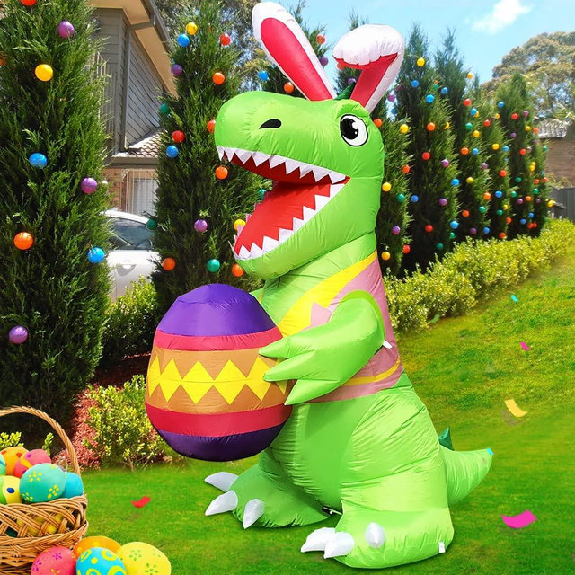 KOOY 8FT Easter Inflatable Outdoor Dinosaur with Egg, Built in LED Lights Easter Blow Up Yard Decoration for Lawn Garden Holiday Party