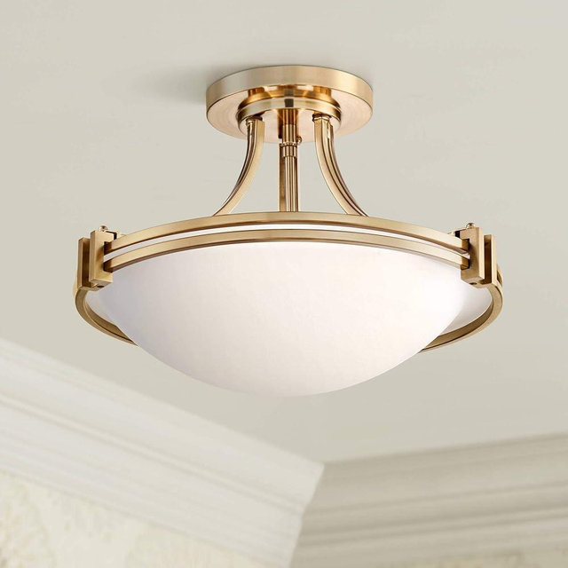 Possini Euro Design Deco Mid Century Modern Close to Ceiling Light Semi Flush Mount Fixture 16" Wide Warm Brass Gold White Glass Bowl Shade Bedroom Hallway Living Room Dining Room Bathroom Kitchen