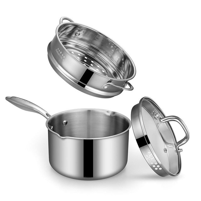 Tri-Ply Stainless Steel Sauce Pan with Steamer Basket & Straining Glass Lid— 2-in-1 Multi-Function Pot for Steaming, Boiling & Simmering — Healthy, Durable, Rust-Resistant, Professional-Grade Cookware