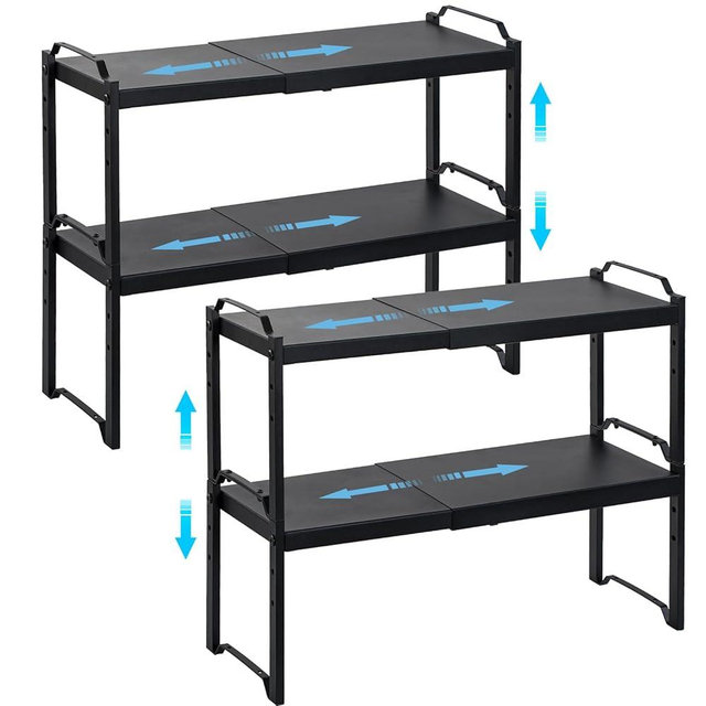 4 Pack Kitchen Cabinet Shelves Organizers, Kitchen Counter Storage Shelf Spice Rack, Expandable Length, Adjustable Height, Stackable, Sturdy 30LBS Bearing, Small Cupboard Tabletop Organizer Shelf Rack