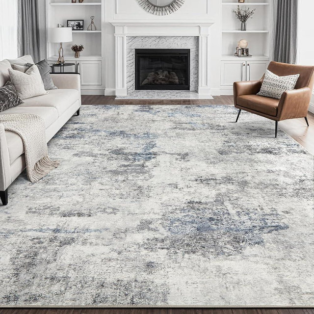 DMOYEST Living Room Area Rugs - 9x12 Abstract Large Soft Indoor Washable Rug Neutral Modern Low Pile Carpet for Bedroom Dining Room Farmhouse Home Office - Grey Blue
