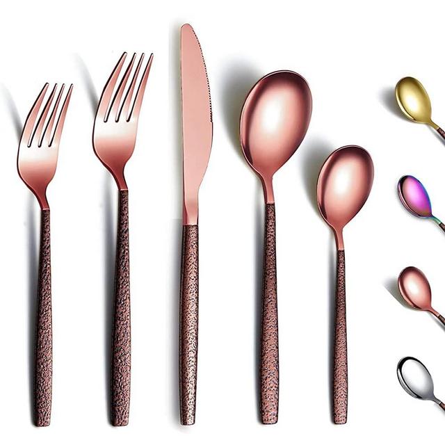 Berglander Silverware Set 20 Pieces With Moon Surface Handle And Rose Gold Mouth Titanium Plating, Stainless Steel Modern Copper Flatware Set Utensils Set Colorful Cutlery Set Service For 4