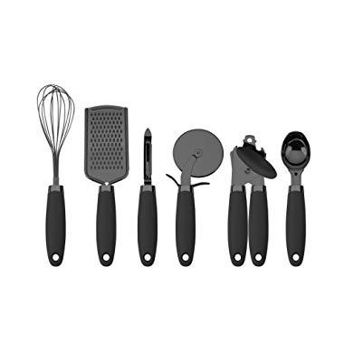 Country Kitchen 6 Pc Essentials Kitchen Stainless Steel Gadget Set Black Gun Metal with Soft Touch Black Handles for Cooking