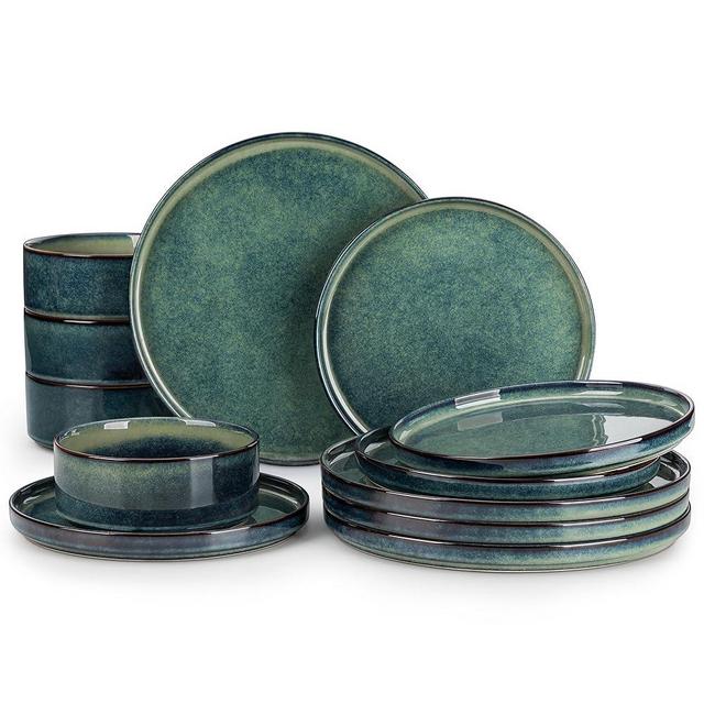 vancasso Starry Plates and Bowls Sets,12 Pieces Green Dinnerware Sets for Kitchen,Modern Stoneware Dishes Set for 4,Dishwasher and Microwave Safe