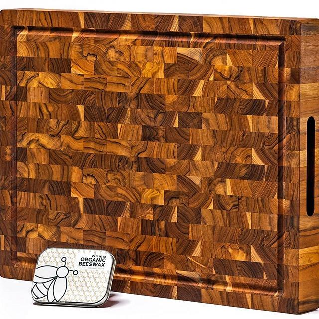 Ziruma Large End Grain Prime Teak Wood Cutting Board Cured with Pure Beeswax and Natural Oils 20x15 x 1.5 - 2oz of Extra Wood Moisturizer Included