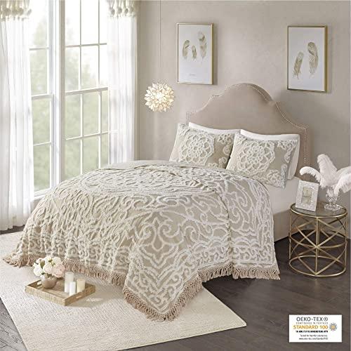 Madison Park Laetitia Chenille Tufted 100% Cotton Quilt Shabby Chic Cozy All Season Bedspread Bed Set with Matching Shams, King/Cal King(104"x92"), Floral Taupe