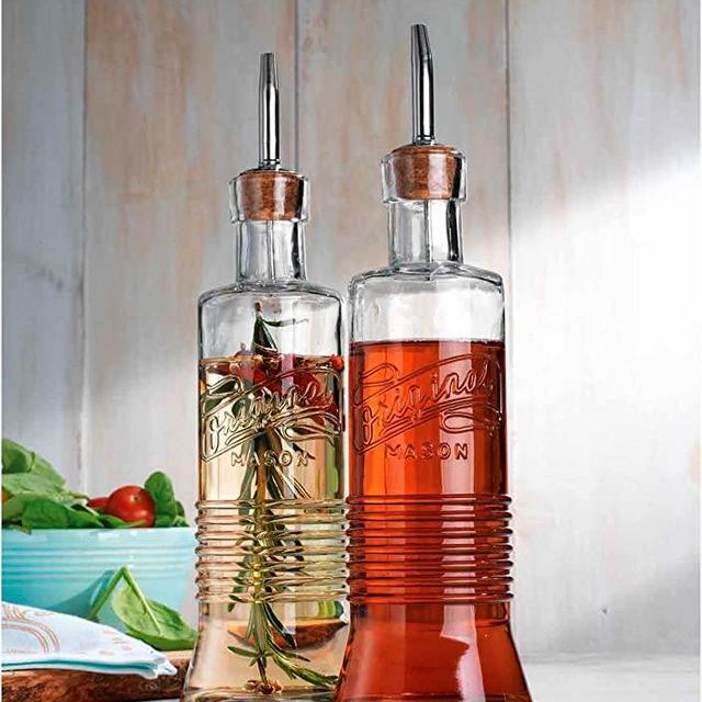 MosJos Oil and Vinegar Bottles 16.9oz - Authentic Mason Original Olive Oil Glass Bottle Set - Strong Stainless Steel Top with Cork Base, Beautiful Modern Design