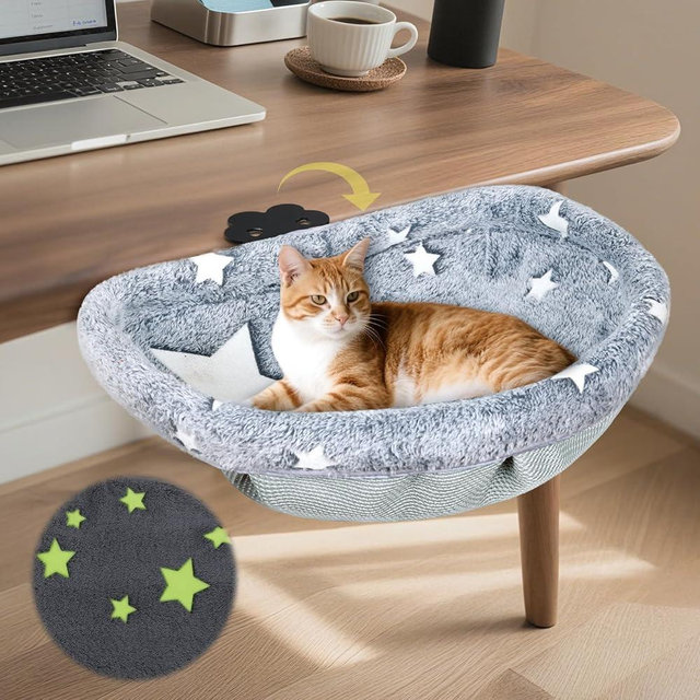 Himake Cat Desk Bed with Clamp, Glow in The Dark Cat Desk Hammock, Desk Perch with Removable Washable Cover, Sturdy Metal Frame, Supports up to 50 Lbs