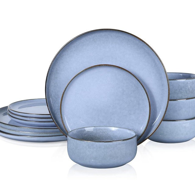 E-far 12-Piece Reactive Glaze Dinnerware Sets, Dishes Set for 4, Stoneware Plates and Bowls Dinning Ware, Microwave & Dishwasher Safe - Ocean Blue