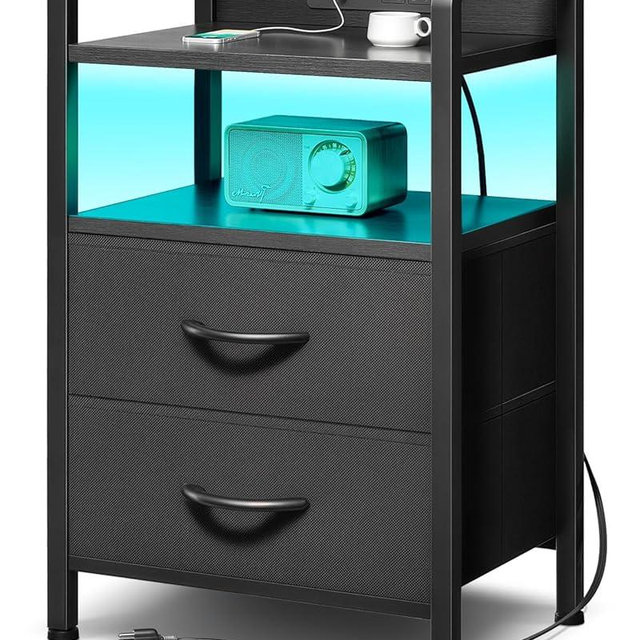 Lazzanto Night Stand Bedside Charger Bedroom - Nightstand with Charging Station & LED Light Strip, Night Stand with Storage Shelf & 2 Fabric Drawers, Morden End Table with U-S-B Ports & AC Outlets