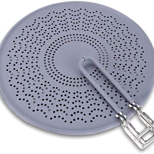 MarhJean 11.5" Silicone Splatter Screen - Pan Cover with Folding Handle, High Heat Resistant Oil Splash Guard - Heat Insulation Cooling Mat, Strainer, Drain Board for Frying Pan (11.5“, grey)