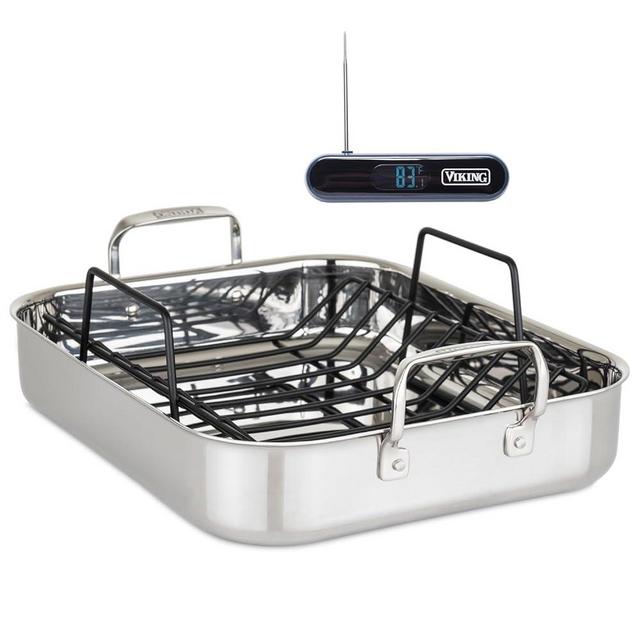 Viking Culinary 3-Ply Stainless Steel Roasting Pan and Rack with BONUS Instant Read Thermocouple Probe Thermometer, 16" x 13" x 3", Silver, Medium